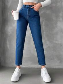 EURMUSE High Waist Mom Fit Jeans - Dark Wash - View 1