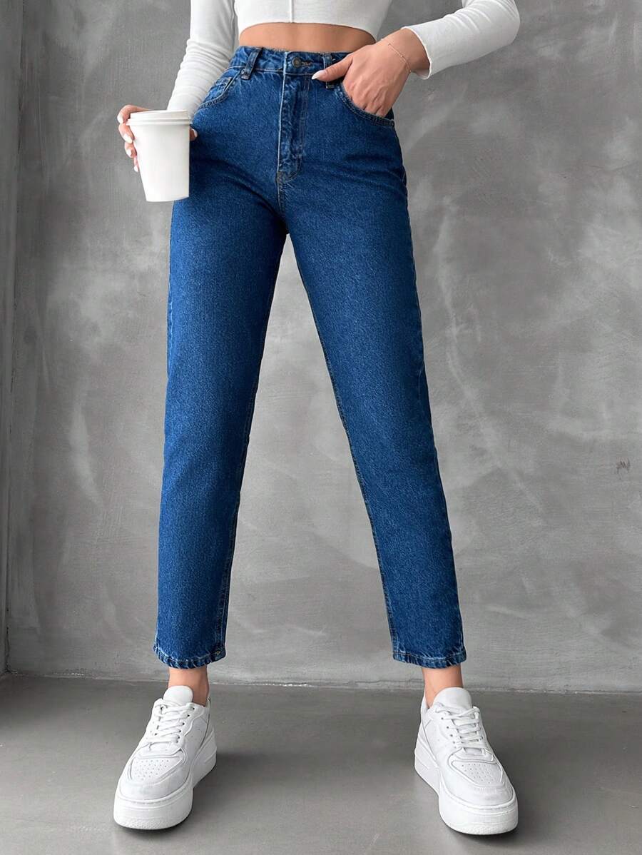 EURMUSE High Waist Mom Fit Jeans - Dark Wash - View 1