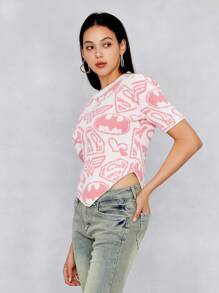 JUSTICE LEAGUE X SHEIN Dopamine Pink Cartoon Pattern All-Over Printed Asymmetrical Hem Short-Sleeved Knitted Top - Apricot - View 4