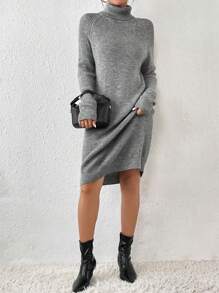 SHEIN Frenchy Áo cao cổ Tay Raglan Đầm Áo len Không có thắt lưng - Màu Xám nhạt - Xem 3