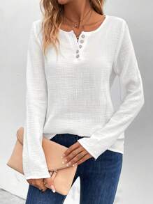 Ellegaria. Women's Fashion Button Collar Solid Color Long Sleeve Casual Shirt - White - View 3