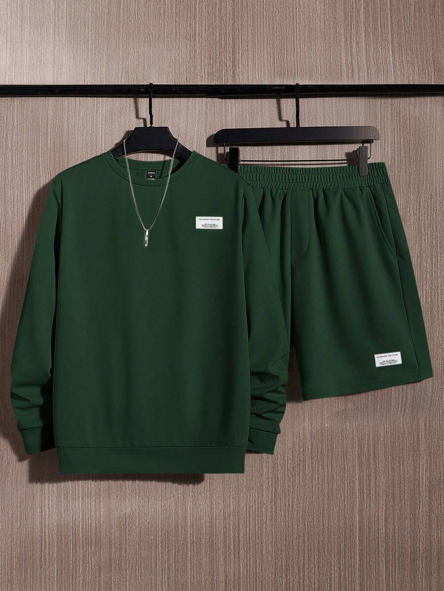 Manfinity VCAY Men's Casual Solid Color Sweatshirt And Shorts 2 Pieces Set, Autumn - Army Green - View 1