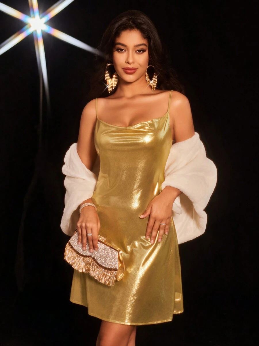 SHEIN BAE Vestido de tirantes escote drapeado de color metálico - Dorado - Ver 1