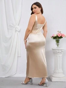 PARTHEA Plus Solid Satin Cami Dress - Apricot - View 2