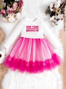 Baby Girl Letter Graphic Mesh Overlay Dress - Multicolor - View 1