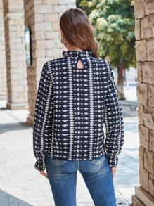 GENKIRA Geo Print Mock Neck Blouse Fall Cloth For Women - Navy Blue - View 3