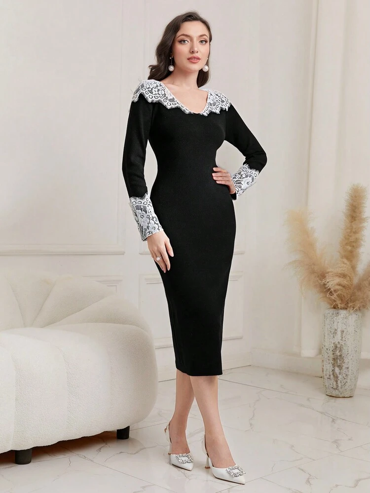 Contrast Lace Scallop Trim Bodycon Sweater Dress Without Belt Fall Cloth For Women