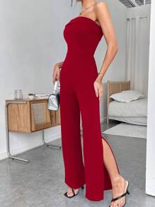 SHEIN BAE 下擺開叉抹胸連體褲 - 紅色 - 查看 5