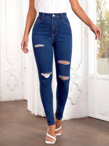 SHEIN EZwear Cao eo Quần jean rách - Rửa tối - Xem 5