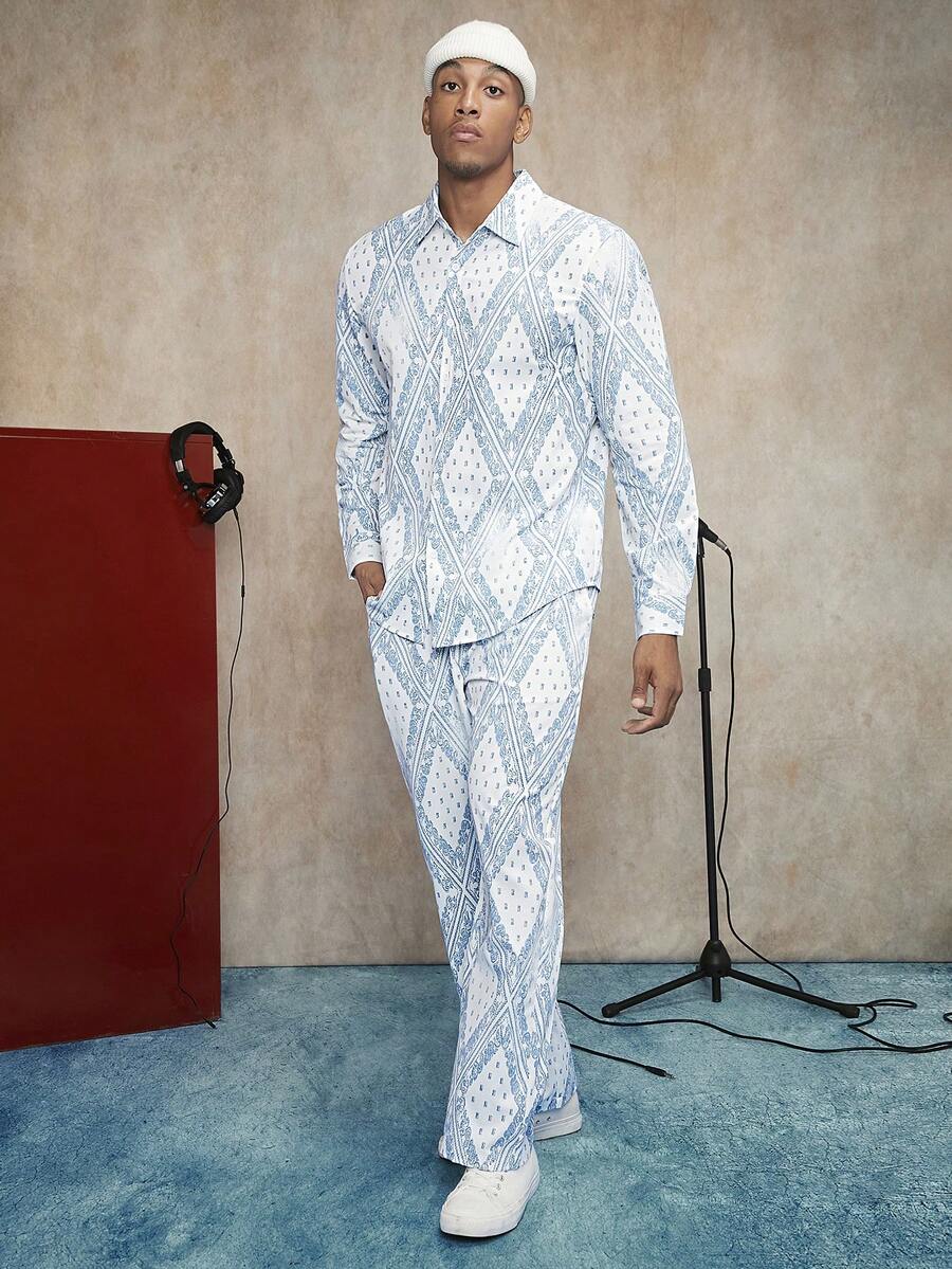 Manfinity AFTRDRK 男士佩斯利印花襯衫和褲子 - 白色 - 查看 1