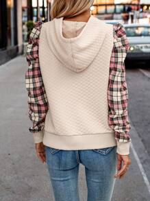 SHEIN Clasi Contrast Plaid Print Puff Sleeve Drawstring Hoodie - Apricot - View 2
