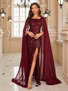 Split Thigh Sequin Formal Dress - Burgundy - View 5