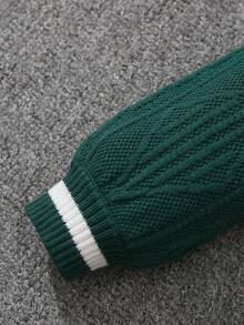 SHEIN 男小童舒服的和濃烈香調拼色條紋圖案修邊細節頭髮質感紋理高領套頭毛衣 - 墨綠色 - 查看 3