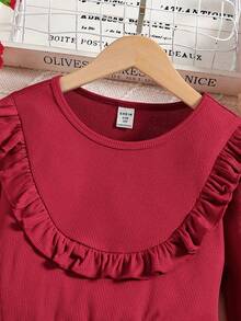 SHEIN Cô gái Tween Viền Ruffle Lưới tương phản Hem Đầm Đối với Giáng sinh - Màu Đỏ Sâu - Xem 3