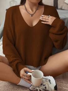 Flirla Hơn Cổ v Thả vai Áo len - màu nâu - Xem 5