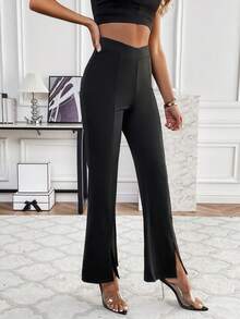 SHEIN EZwear Split Hem Flare Leg Pants - Black - View 4