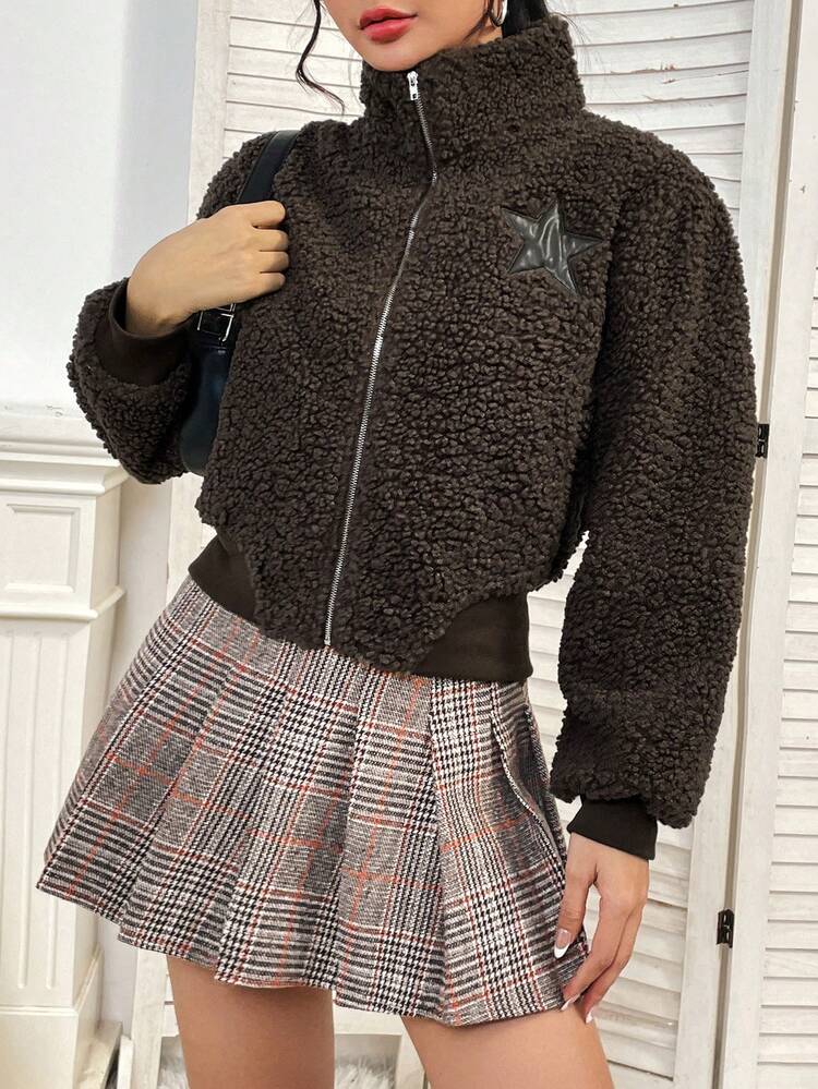 Star Embroidery Zip Up Teddy Jacket Fall Cloth For Women