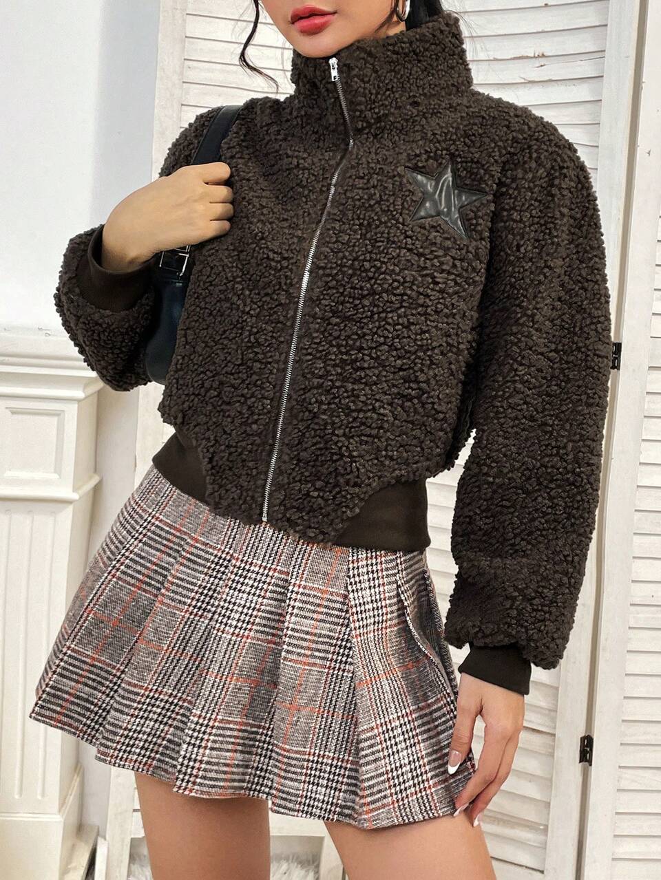 Star Embroidery Zip Up Teddy Jacket Fall Cloth For Women