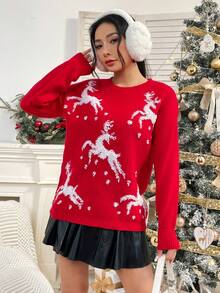 SHEIN Unity 聖誕麋鹿圖案落肩袖套頭毛衣 - 紅色 - 查看 6