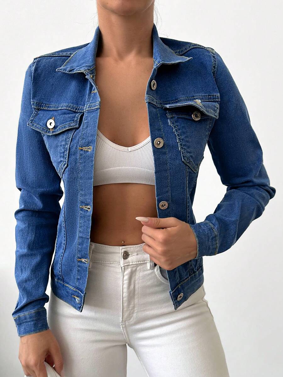 SHEIN Cottnline Chaqueta Vaquera Con Botones Y Bolsillo Con Solapa Para Mujer - Azul lavado medio - Ver 1