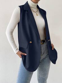 BizChic 西裝領雙排釦翻蓋細節馬甲西裝外套 - 藏蓝色 - 查看 5