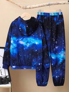 SHEIN Bé trai tuổi teen Giải trí Hoodie Và Quần Bộ Với In Ngân hà - Màu xanh hải quân - Xem 2