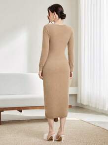 Modelyn Solid Fitted Sweater Dress Without Belt - Apricot - View 2