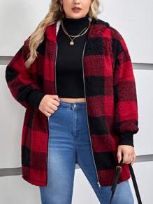 SHEIN LUNE Áo khoác trùm đầu in họa tiết kẻ caro vai trễ của Plus Buffalo, mùa đông - Màu Đỏ Sâu - Xem 5