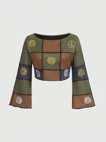 ROMWE Hippie Đồ họa khối màu In Áo phông Crop - Nhiều màu - Xem 3