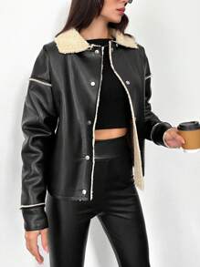 EURMUSE Teddy Lined PU Leather Jacket - Black - View 3