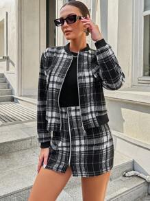 EURMUSE Plaid Print Zip Up Jacket & Skirt - Black and White - View 5