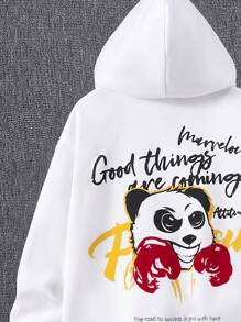 SHEIN Tween Boy Panda & Slogan Graphic Drop Shoulder Zip Up Thermal Hoodie