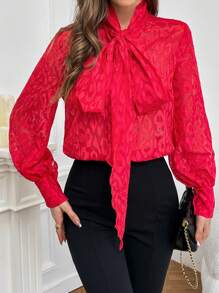 SHEIN Privé 繫帶領燈籠袖襯衫 - 紅色 - 查看 1