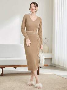 Modelyn Solid Fitted Sweater Dress Without Belt - Apricot - View 3
