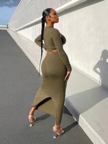 SHEIN SXY Solid Color Cut-Out Design Slim Fit 2pcs Set - Army Green - View 2