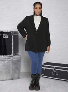 SHEIN CURVE+ Plus Lapel Neck Single Button Front Blazer - Black - View 4
