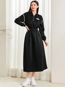 Mulvari Printed Loose Fit Sweatshirt Dress With Drop Shoulder - Black - View 3