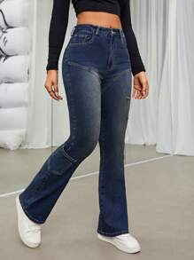 SHEIN ICON Patch Pocket Flare Leg Jeans - Dark Wash - View 1