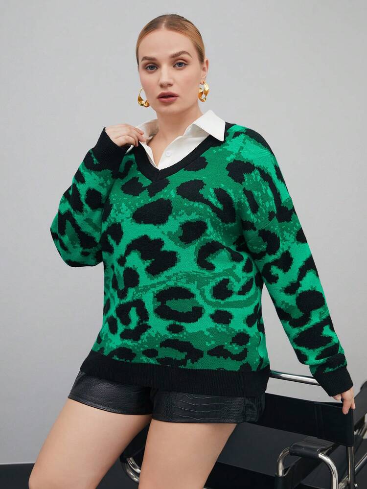 Plus Leopard Pattern Drop Shoulder Sweater Without Blouse