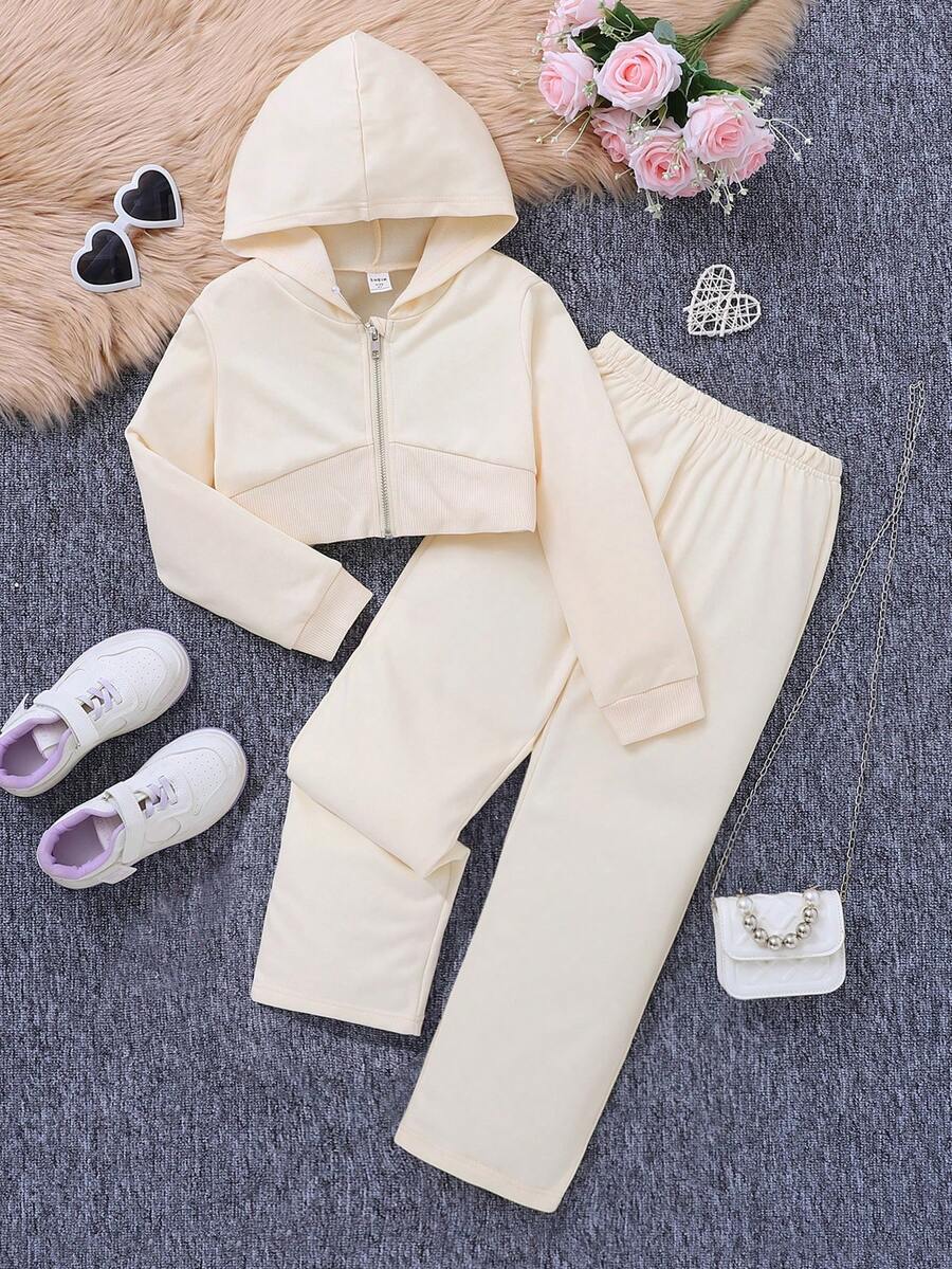 SHEIN Tween Girl Solid Hooded Jacket & Pants - Multicolor - View 1