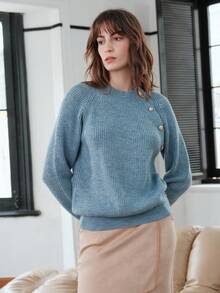 Anewsta Chi tiết Nút Tay Raglan Áo len - Màu xanh lam - Xem 4