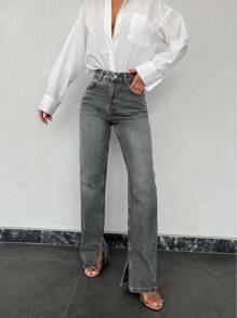 EURMUSE 100%Cotton Split Hem Straight Leg Jeans - Grey - View 6