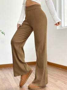 SHEIN EZwear High Waist Flare Leg Knit Pants In Fall/Winter - Brown - View 4