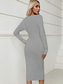 SHEIN LUNE 素色條紋針織毛衣洋裝不附腰帶 - 灰色 - 查看 2