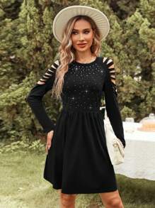 SHEIN LUNE Rhinestone Detail Cut Out Dress - Black - View 4