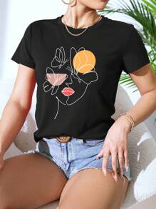 SHEIN EZwear Figure Graphic Tee - Black - View 1