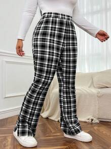 SHEIN EZwear 女性大尺碼黑色和灰色格紋高腰寬腿褲