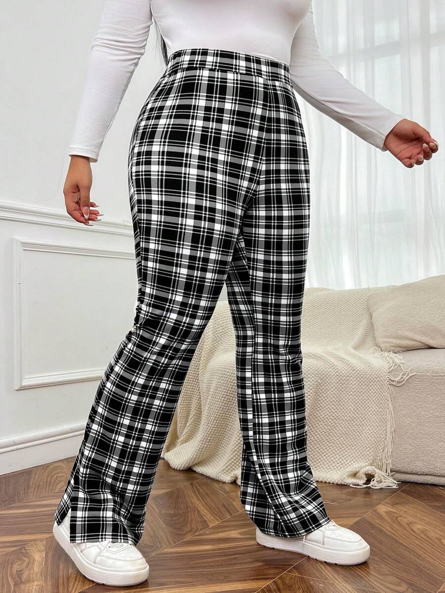 SHEIN EZwear 女性大尺碼黑色和灰色格紋高腰寬腿褲