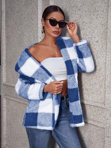 SHEIN LUNE Họa tiết kẻ sọc trâu Thả vai Áo khoác Teddy Không có áo len - Màu xanh lam - Xem 7