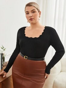 BizChic Plus Scallop Trim Button Detail Sweater